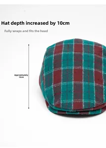 Detail of colorful plaid flat cap with 10cm depth and wool texture fabric