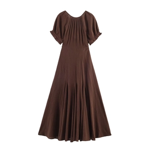 Deep brown short sleeve maxi dress with unique pleated texture and minimalist round neck