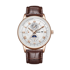 Men's business quartz watch with brown leather strap, rose gold case and white dial