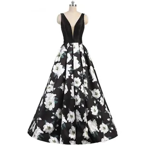 Elegant Evening Gown Deep V Neck Sleeveless Floral Print A Line Full Length Satin Formal Prom Dress For Women