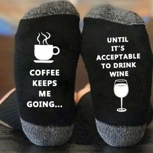 Funny Christmas cotton socks with coffee and wine text patterns on soles for adults