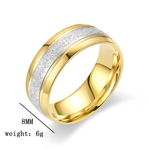 Detail showing 8mm width and 6g weight of matte stainless steel ring with sandy texture