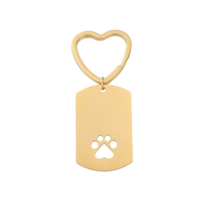 Detailed close-up of golden stainless steel keychain with heart ring and paw print cutout