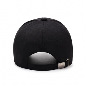 Rear view of minimalist black herringbone baseball cap with adjustable metal buckle strap