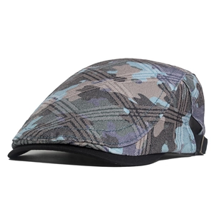 Side view of camouflage beret hat with adjustable metal buckle and black brim detailing