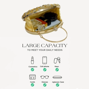 Detailed interior of luxury gold rhinestone evening bag showing spacious capacity for items