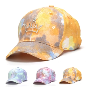 Kids Baseball Cap Rhinestone Crown Tie-Dye Cotton Adjustable Sun Hat For Girls Boys Outdoor Fashionable Sparkly Headwear