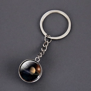 Saturn solar system planet glass pendant keychain with silver metal ring and chain
