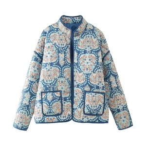 Detail of blue quilted cotton jacket featuring vintage paisley print and front patch pockets