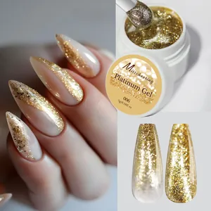Detailed view of high-density gold platinum nail gel with 006 glitter swatch