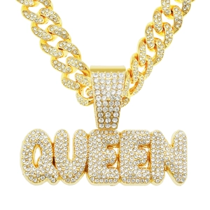 Iced Out Queen Letter Pendant Necklace Alloy Rhinestone Cuban Link Chain Hip Hop Punk Streetwear Jewelry For Men Women
