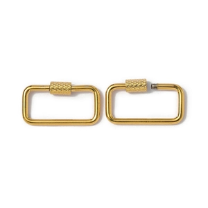 Detailed view of golden rectangular screw lock buckle in open and closed positions