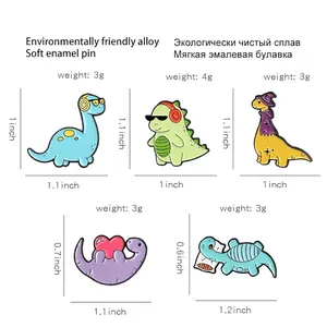 Cartoon dinosaur enamel pins set featuring colorful alloy music and heart dino designs