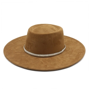 Elegant khaki wide brim faux suede fedora hat with pearl and rhinestone band detail