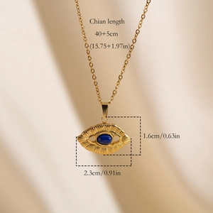 Detail view of 18K gold evil eye necklace with size specs and blue lapis stone
