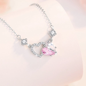 925 silver necklace with interlocking double hearts and pink sapphire stone pendant