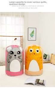 Macro detail of large drawstring storage bags with cute cat and mouse cartoon patterns
