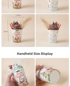 Detailed size view of Christmas sundae cups featuring Santa Claus patterns and dimensions