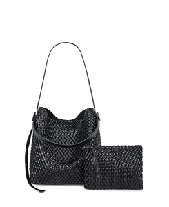 Macro detail of black hand-woven PU leather bucket bag with matching clutch pouch
