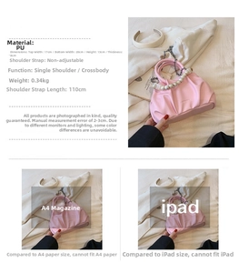 Pink cloud bag with pearl handle, chain strap and size comparison chart