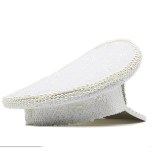 White captain hat with sequins and double-row pearls for weddings and parties