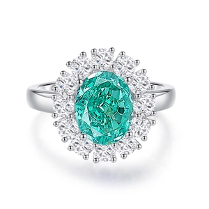 Elegant S925 silver ring featuring a large oval Paraiba turquoise gemstone and halo diamonds