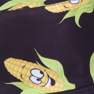 Black sun bucket hat with cute cartoon corn print and high-quality twill fabric texture