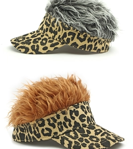 Detail view of leopard print visor hats with integrated gray and brown fluffy wig hair