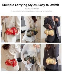 Detail showing various ways to carry the embroidered Chinese shell bag with pearl chain
