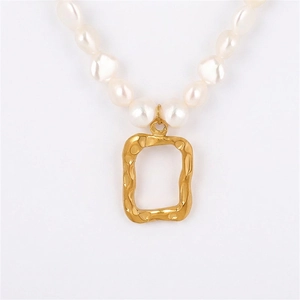 Baroque Freshwater Pearl Necklace With Stainless Steel Irregular Geometric Square Pendant French Retro Style For Women