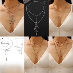Detailed size chart and specifications for multi-layer cross and heart pendant necklaces