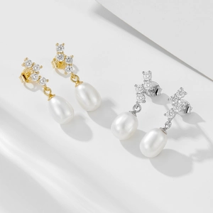 Elegant S925 sterling silver freshwater pearl earrings with cubic zirconia accents