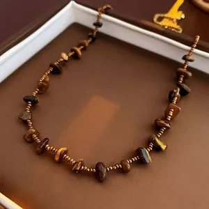 Maillard brown tiger eye stone necklace with gold beads and a vintage choker style