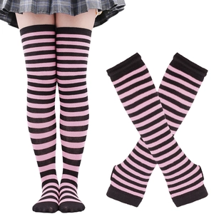 Detail of pink and black striped high thigh socks and matching arm warmers for cosplay