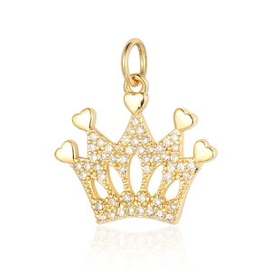 Elegant gold crown pendant with white cubic zirconia and heart-shaped tips on white background