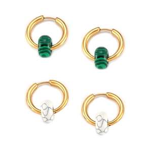 Gold titanium earrings with malachite and turquoise pendants on white background