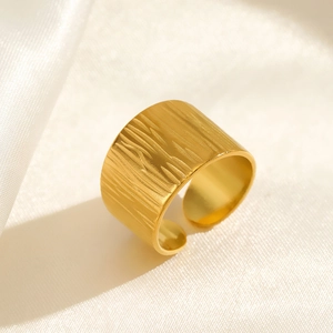 18K gold plated stainless steel wide ring with bark texture and adjustable open band