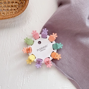 Close-up of 10 mini carrot-shaped hair claws in assorted pastel colors on a display card
