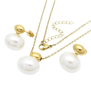 Elegant gold-tone shell pearl necklace and earrings set on a clean white background