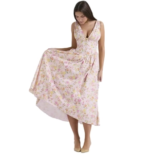 Elegant pink floral V-neck sleeveless maxi dress with a slim fit and flowing skirt