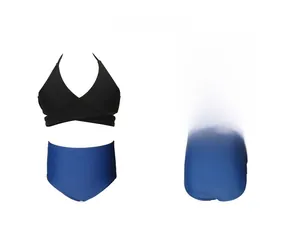 Detail der blauen High-Waist-Bikiniflosse und des schwarzen Halter-Tops mit Bindeband