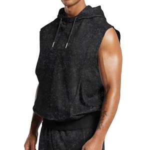 Men's acid wash sleeveless hoodie with vintage floral texture and matching shorts