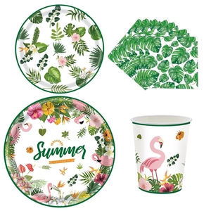Detail of flamingo and tropical leaf paper plates, cups and napkins for summer parties