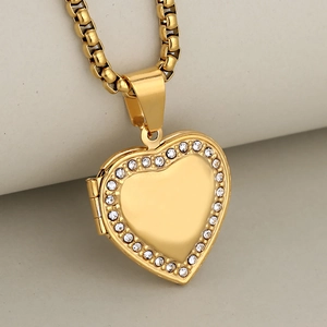 Heart Locket Necklace Stainless Steel Rhinestone Openable Photo Frame Memorial Jewelry For Women Girls Simple Ins Style