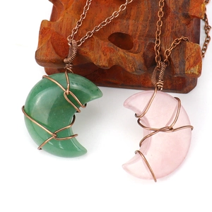 Retro wire-wrapped crescent moon natural stone pendants in green aventurine and rose quartz