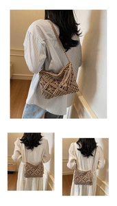 Detail of bohemian hand-woven crossbody bag featuring diamond mesh and long tassels