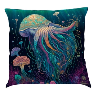 Detail of artistic cotton linen pillow cover featuring colorful jellyfish and sea life