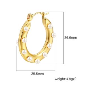 Vintage 18K gold plated stainless steel hoop earrings with pearls, 26.6mm x 25.5mm size