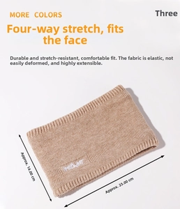 Macro detail of elastic light brown knitted neck warmer with embroidery and dimensions