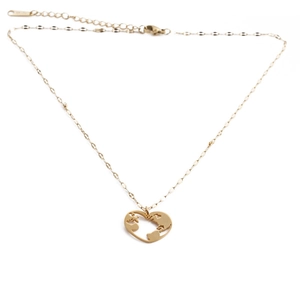 Gold stainless steel necklace featuring a heart-shaped hollow earth map pendant on chain
